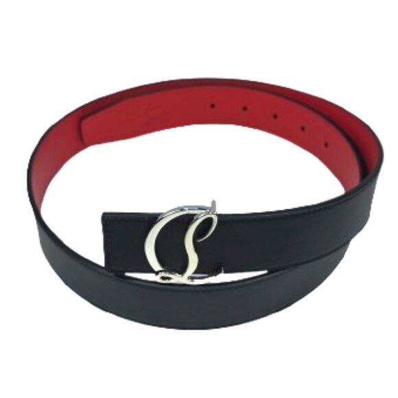 Christian Louboutin CL Logo Belt 40mm Black Calfskin Red Lining Silver Buckle - Picture 3 of 7